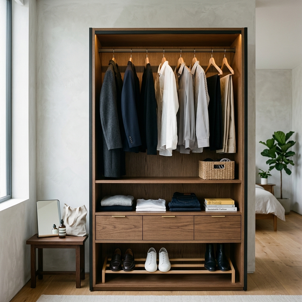 A premium, minimalist wardrobe with well-organized high-quality garments representing a smart capsule wardrobe for fashion savings