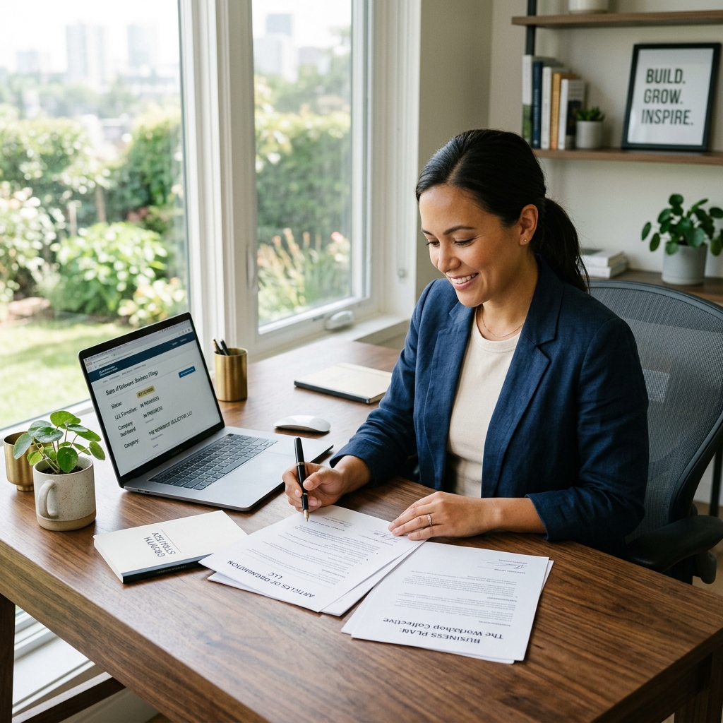 Entrepreneur reviewing LLC formation documents at home office desk with laptop showing filing status