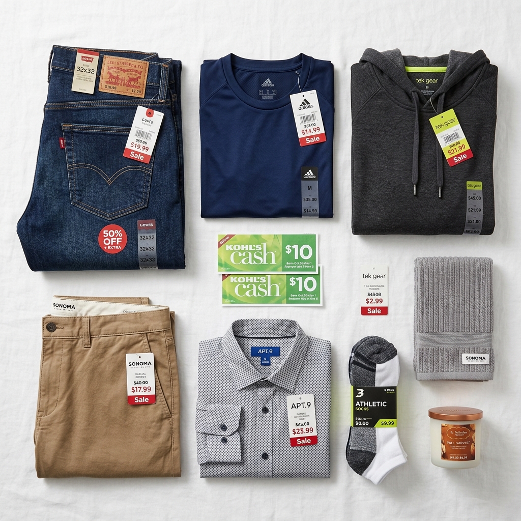 Kohl's Cash reward certificates alongside discounted clothing items including Levi's jeans, Adidas activewear, and Tek Gear basics