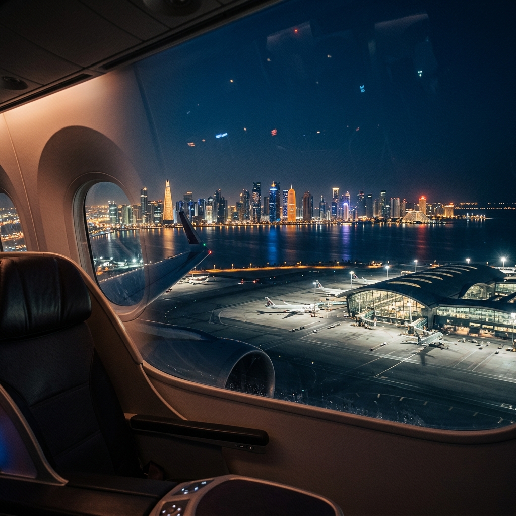 Qatar Airways Hamad International Airport night approach with Doha skyline