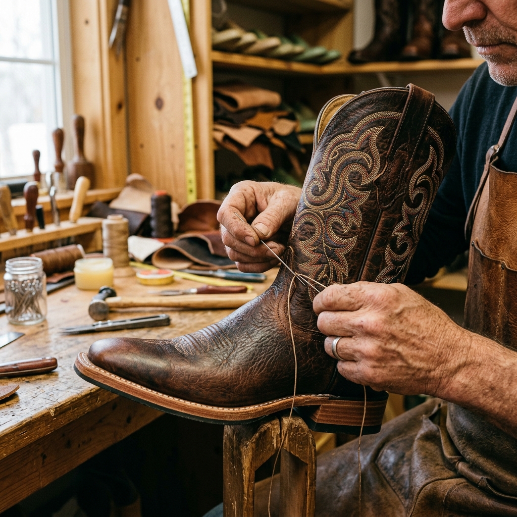 Artisan bootmaker hand-stitching the shaft embroidery on a brown leather western boot in a traditional workshop setting